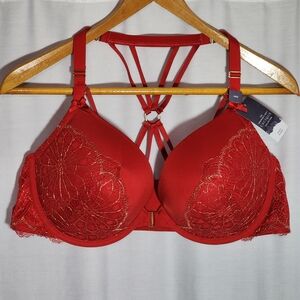 NEW Cacique Front Close Boost Plunge Bra w/ Lace 46D Red & Gold Push Up NWT